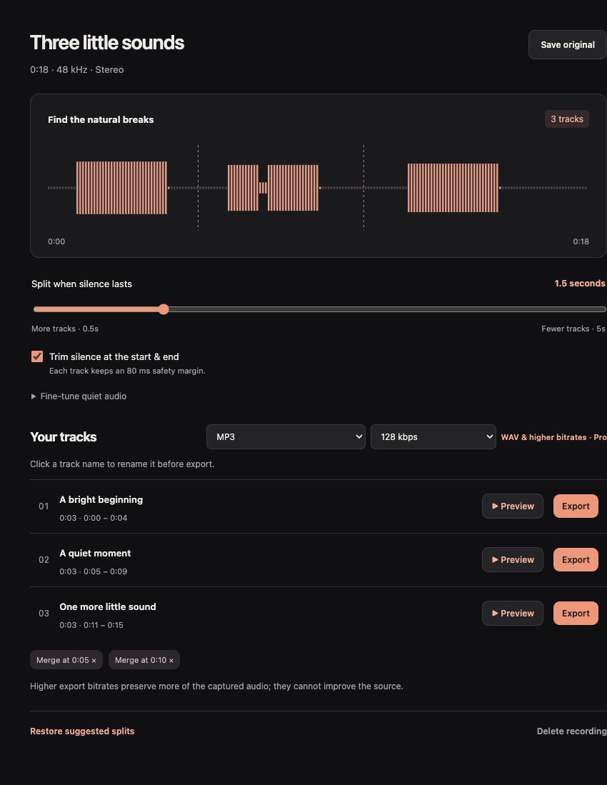 Audio studio showing a waveform, three named tracks and export controls