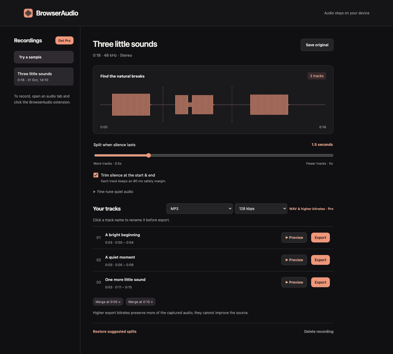 BrowserAudio studio with silence controls, named tracks and individual export buttons